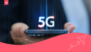 Smartphone with a glowing 5G graphic, Holafly logo