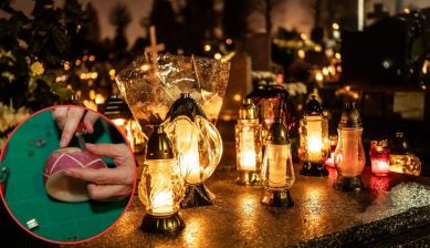 Glass grave lanterns glowing on a rain-wet headstone in a cemetery at night, with an inset circle showing hands carving a pattern into a purple-topped turnip to make a lantern