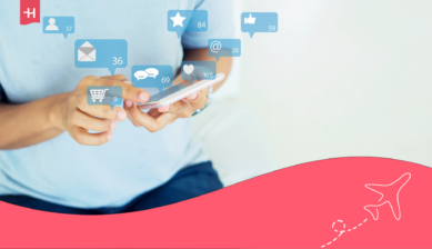 Person using a smartphone with floating icons for messages, email, social media, and online shopping.
