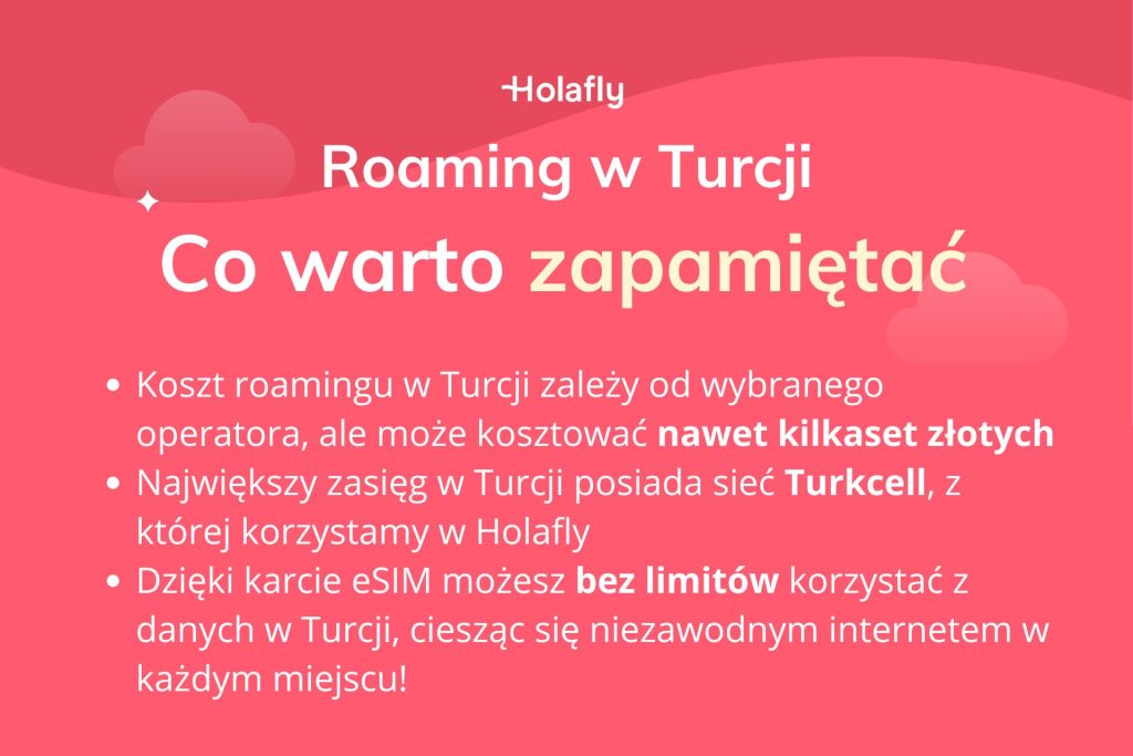 Grafika z najważniejszymi informacjami na temat roamingu w Turcji, napisana białym kolorem na czerwonym tle.