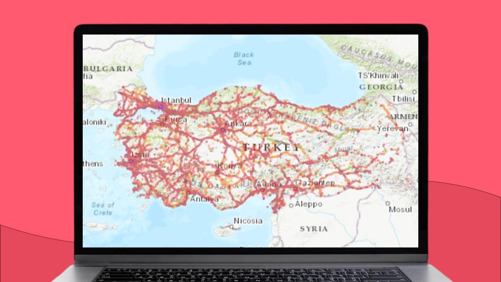 Mapa Turcji z zaznaczonym obszarem zasięgu sieci komórkowej Turkcell