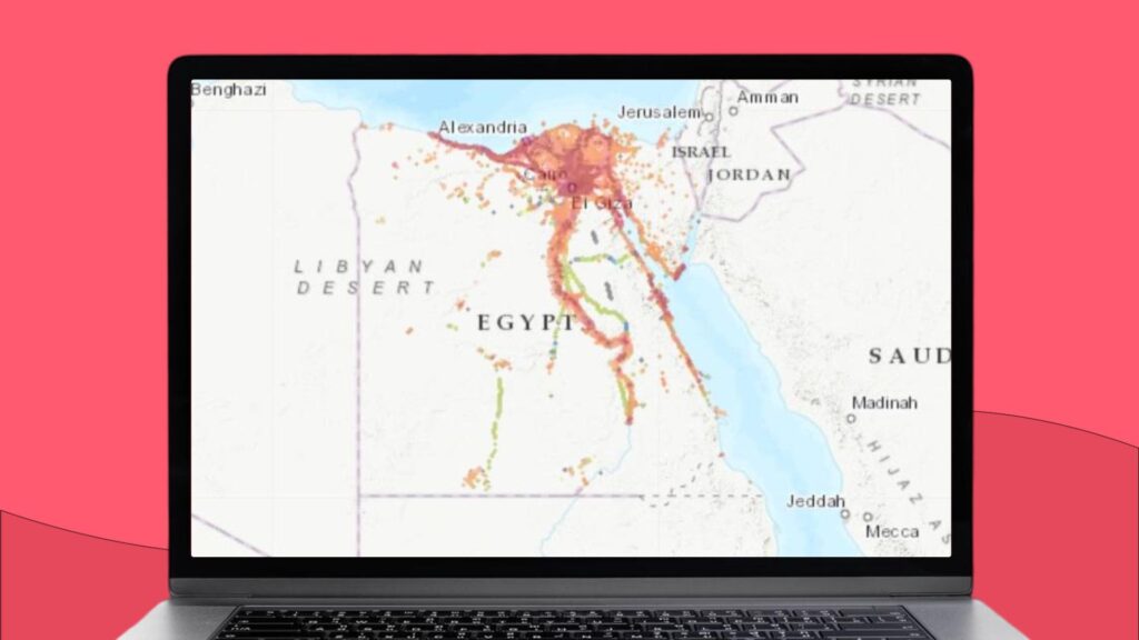 Mapa Egiptu z zaznaczonym obszarem zasięgu sieci komórkowej Orange Egypt.