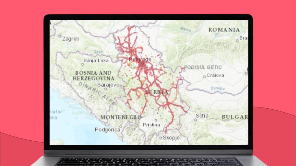 Mapa Serbii z zaznaczonym obszarem zasięgu sieci komórkowej Telekom Srbija a.d. (mts).