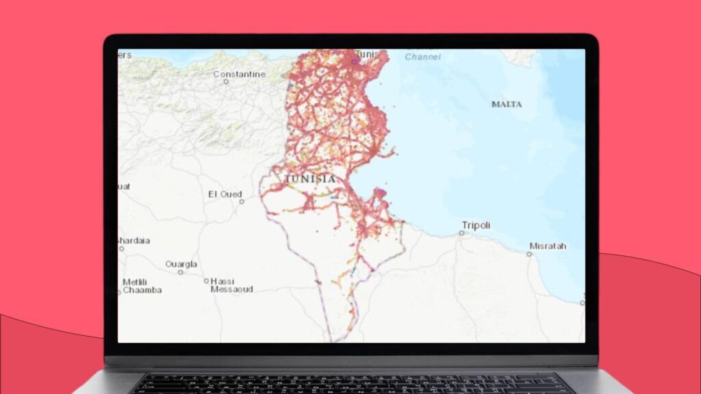 Mapa Tunezji z zaznaczonym obszarem zasięgu sieci komórkowej Tunisie Telecom.