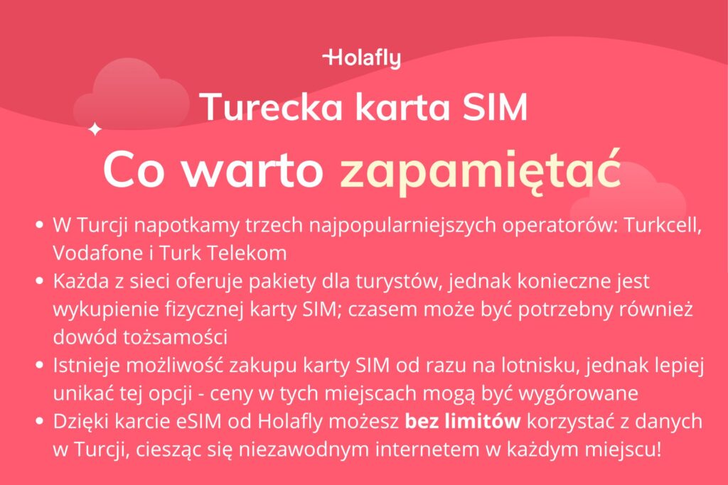 Lista najważniejszych informacji dotyczących tureckiej karty SIM przedstawiona na czerwonym tle.