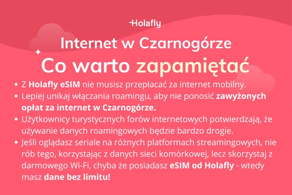 Najważniejsze informacje na temat internetu w Czarnogórze napisane białą czcionką na czerwonym tle.