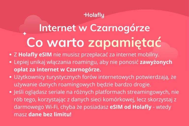 Najważniejsze informacje na temat internetu w Czarnogórze napisane białą czcionką na czerwonym tle.