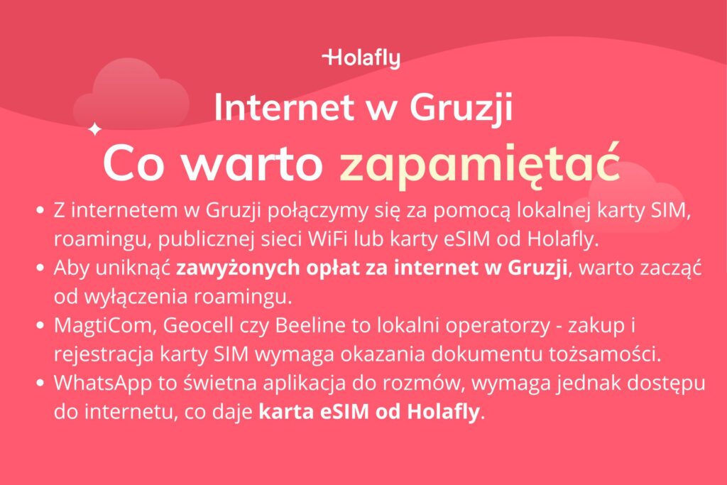 Najważniejsze informacje na temat internetu w Gruzji napisane białą czcionką na czerwonym tle.