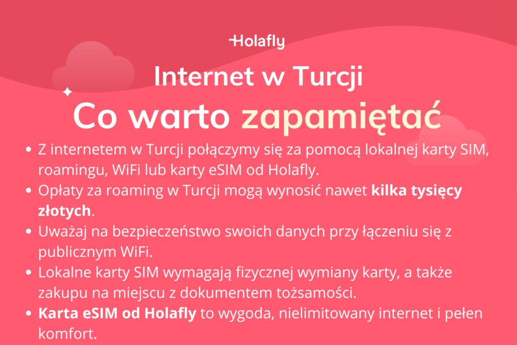 Najważniejsze informacje na temat internetu w Turcji spisane białą czcionką na czerwonym tle.