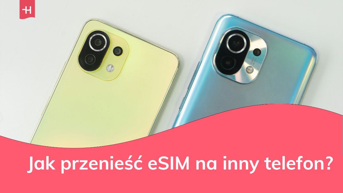 Dwa telefony w kolorowych etui na szarym tle leżące obok siebie tyłem do obiektywu.