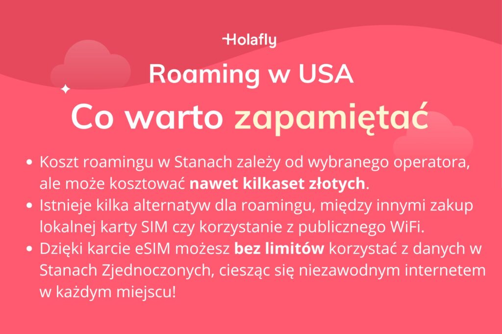 Podsumowanie najważniejszych informacji na temat roamingu w USA na czerwonym tle.