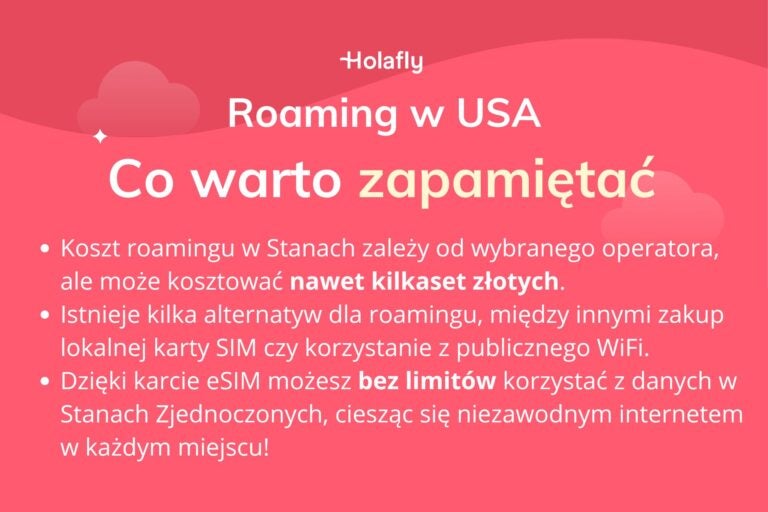 Podsumowanie najważniejszych informacji na temat roamingu w USA na czerwonym tle.