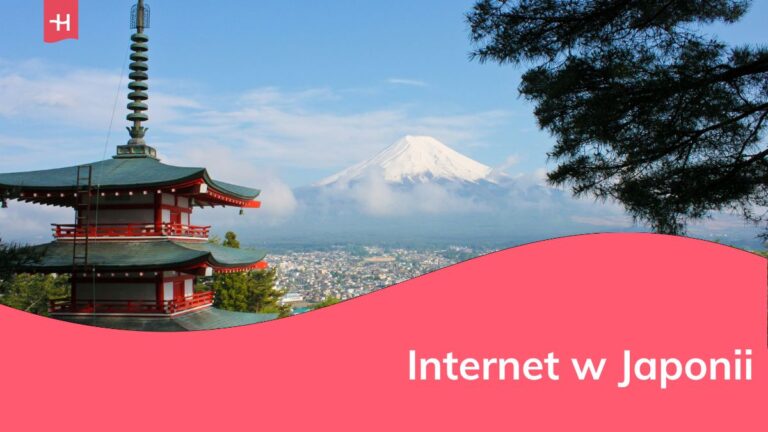 Zabytkowy budynek w Japonii i widok na górę Fuji, a także dopisek "Internet w Japonii" na czerwonym tle.