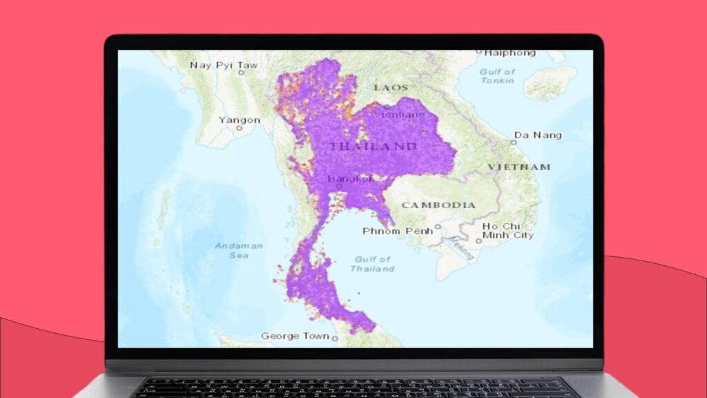 Mapa Tajlandii z zaznaczonym obszarem zasięgu sieci komórkowej True