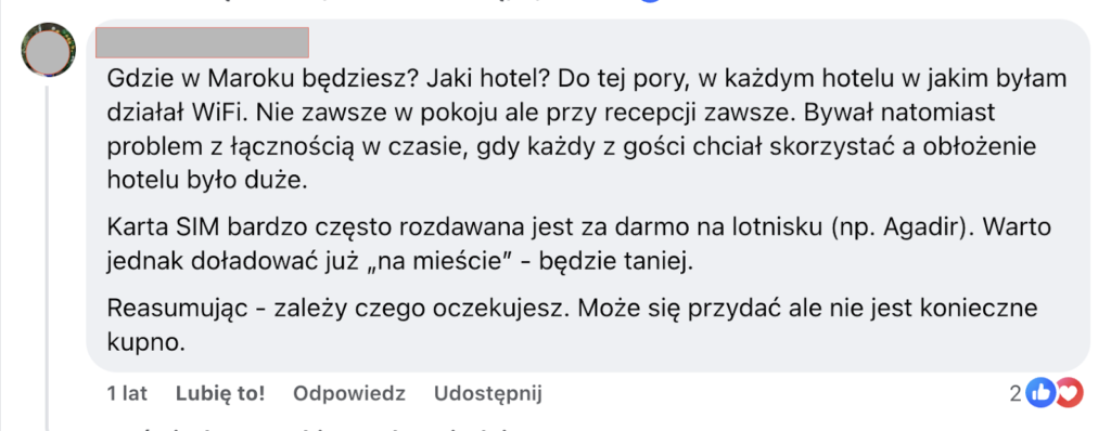 Zrzut ekranu przedstawiający komentarz z forum na temat Wi-Fi w Maroku.