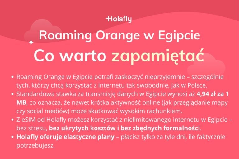 Infografika z podsumowaniem artykułu na temat Orange roaming Egipt.