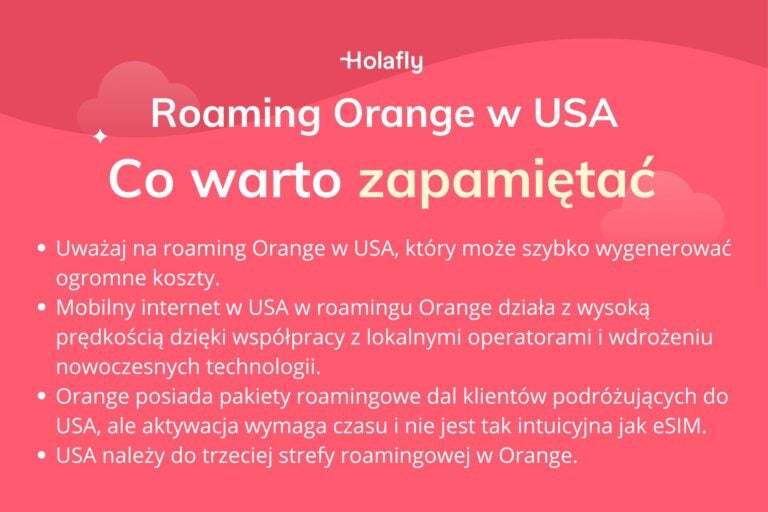 Infografika z podsumowaniem artykułu na temat roamingu Orange w USA.