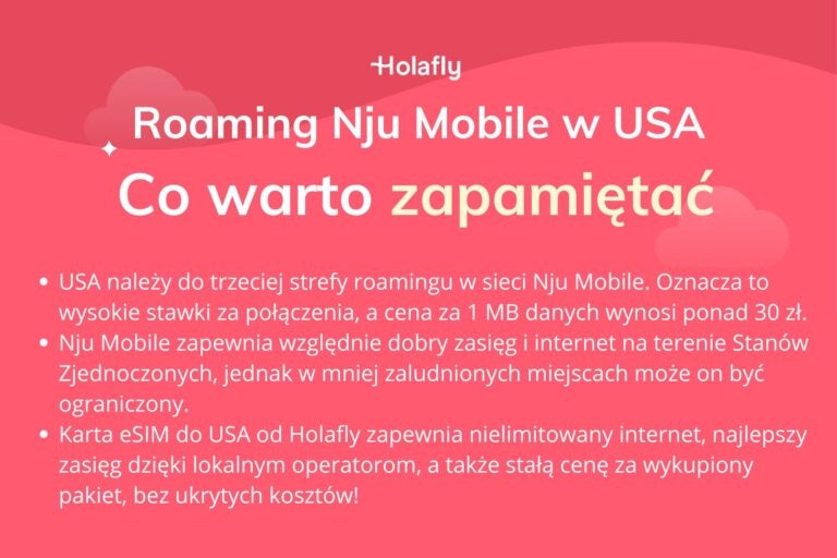 Infografika z podsumowaniem artykułu na temat roamingu Nju Mobile w USA
