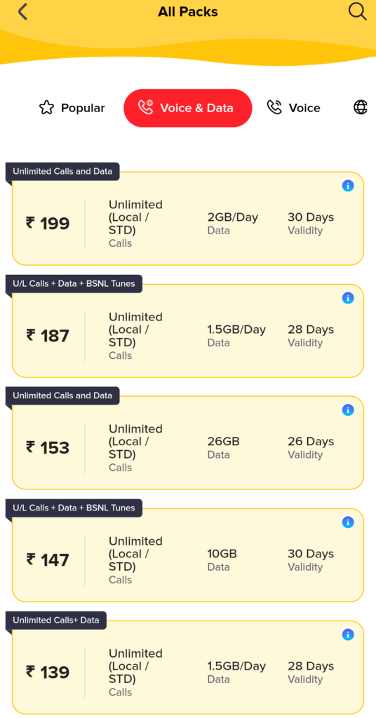 Screenshot z pakietami od BSNL