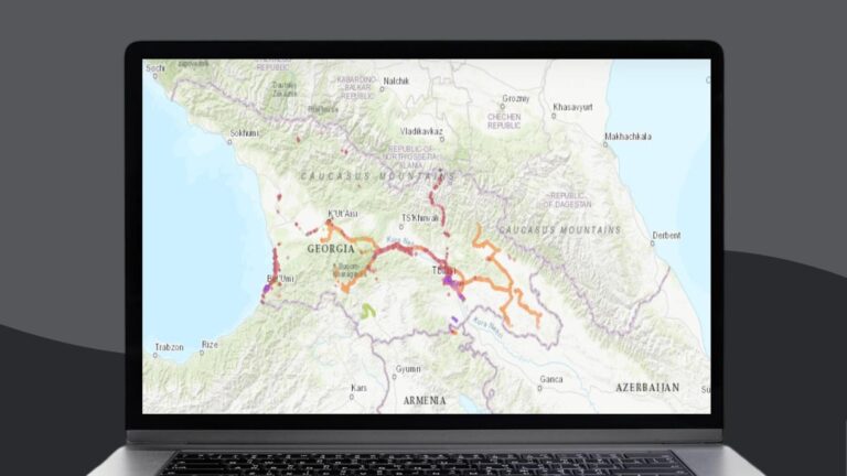 Mapa Gruzji z zaznaczonym obszarem zasięgu sieci komórkowej Magticom
