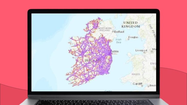 Mapa Irlandii z zaznaczonym obszarem zasięgu sieci komórkowej Three Mobile