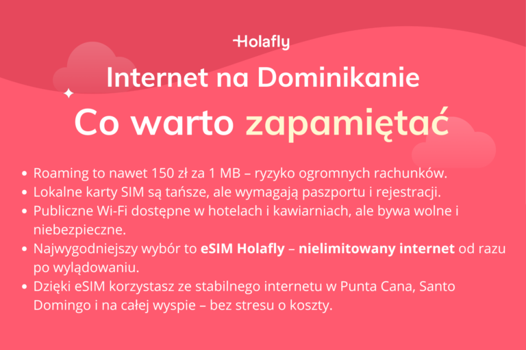 Infografika podsumowująca artykuł o internecie na Dominikanie.