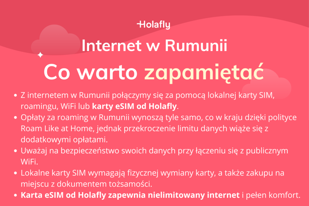 Infografika podsumowująca artykuł Holafly o internecie w Rumunii.