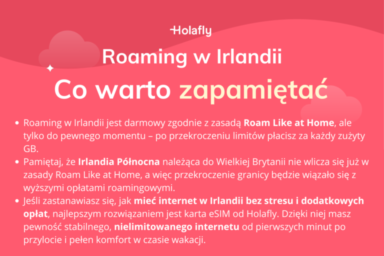 Infografika z podsumowaniem artykułu na temat: roaming w Irlandii