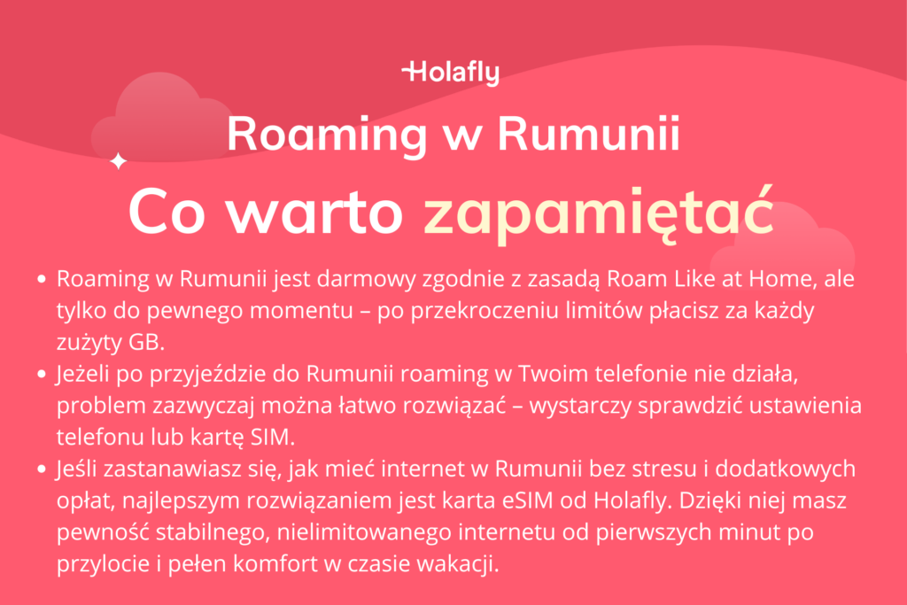 Infografika podsumowująca artykuł o roamingu w Rumunii.