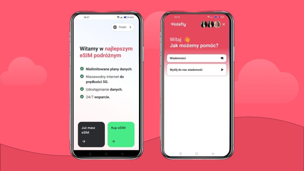Ekran startowy i obsługa klienta w aplikacji Holafly.