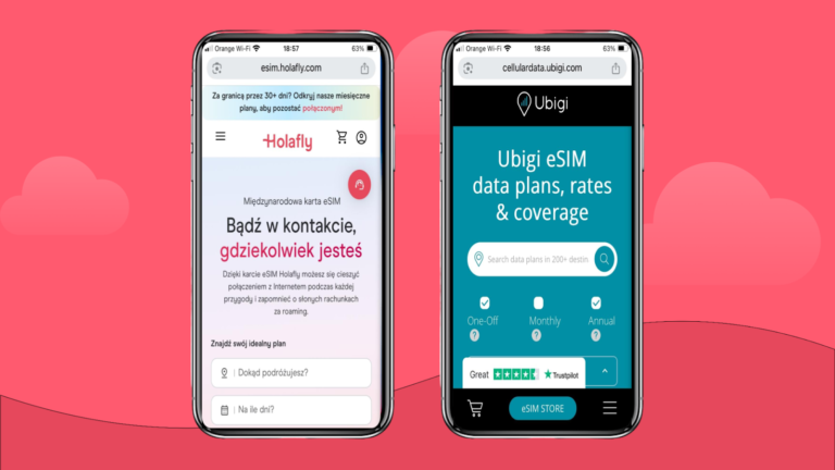 Ekran początkowy aplikacji Holafly oraz aplikacji Ubigi