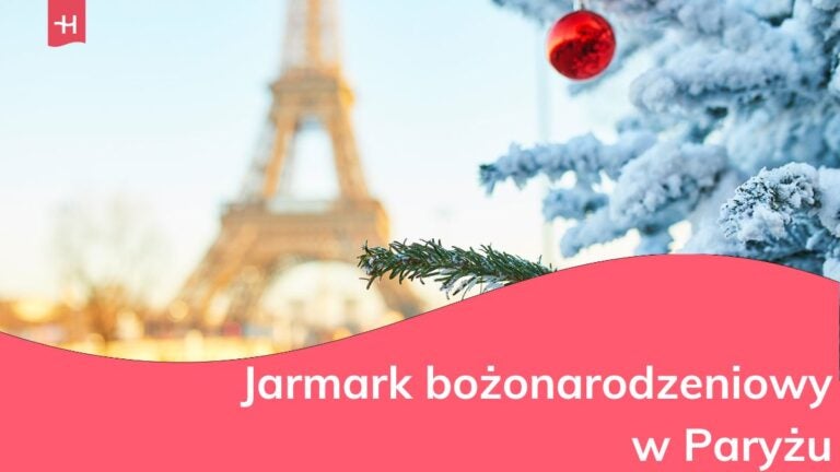 Jarmark Bożonarodzeniowy w Paryżu - widok na wieżę Eiffla poprzez świąteczne bombki.