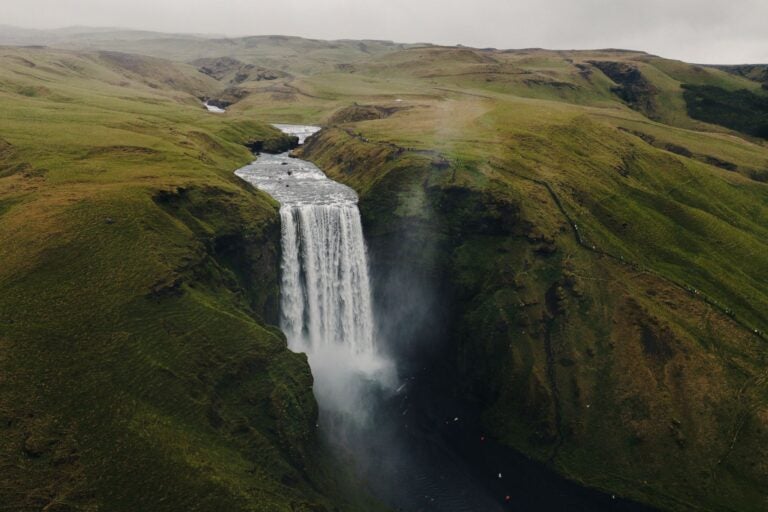 Aerial view of Skogafoss waterfall in Iceland.