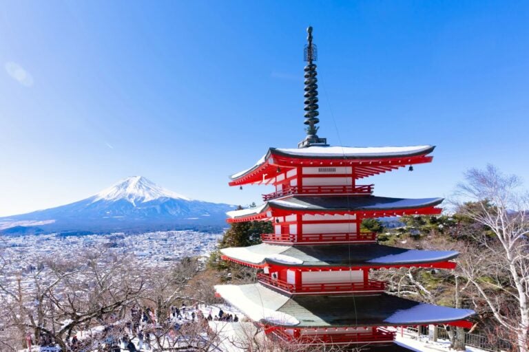 Mount Fuji and the Snow-Covered Streets in Winter.