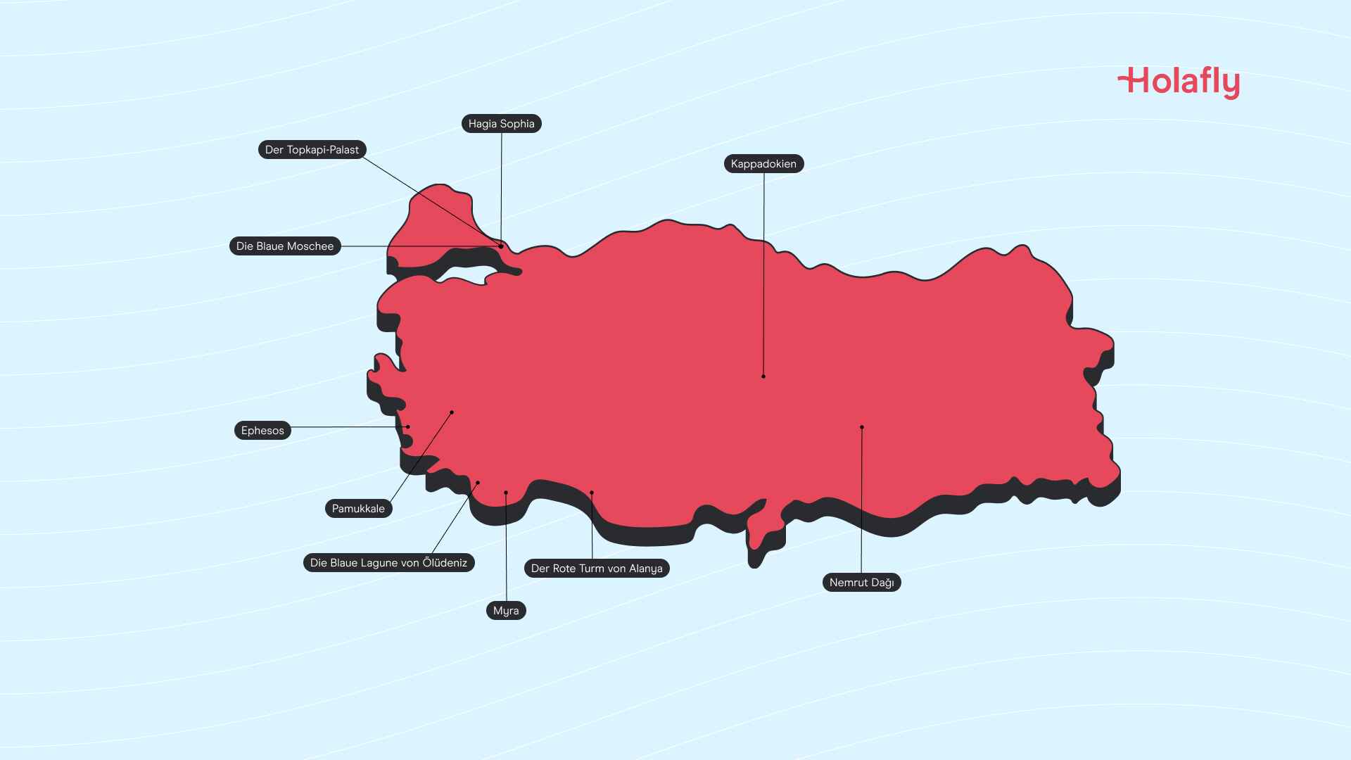 Eine Karte der Türkei mit den 10 Sehenswürdigkeiten des Landes