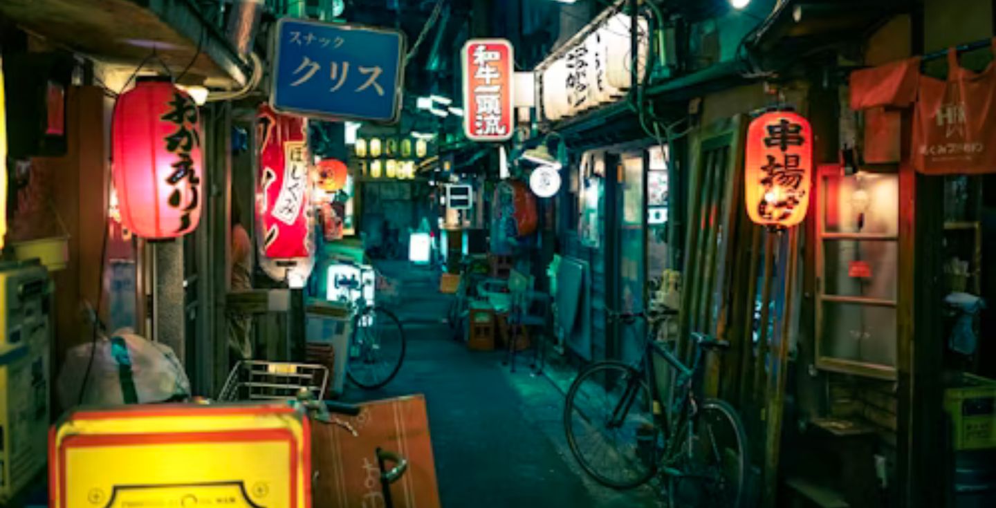 Eine typisch japanische Straße aus der Sicht der Nacht mit verschiedenfarbigen Lampions.