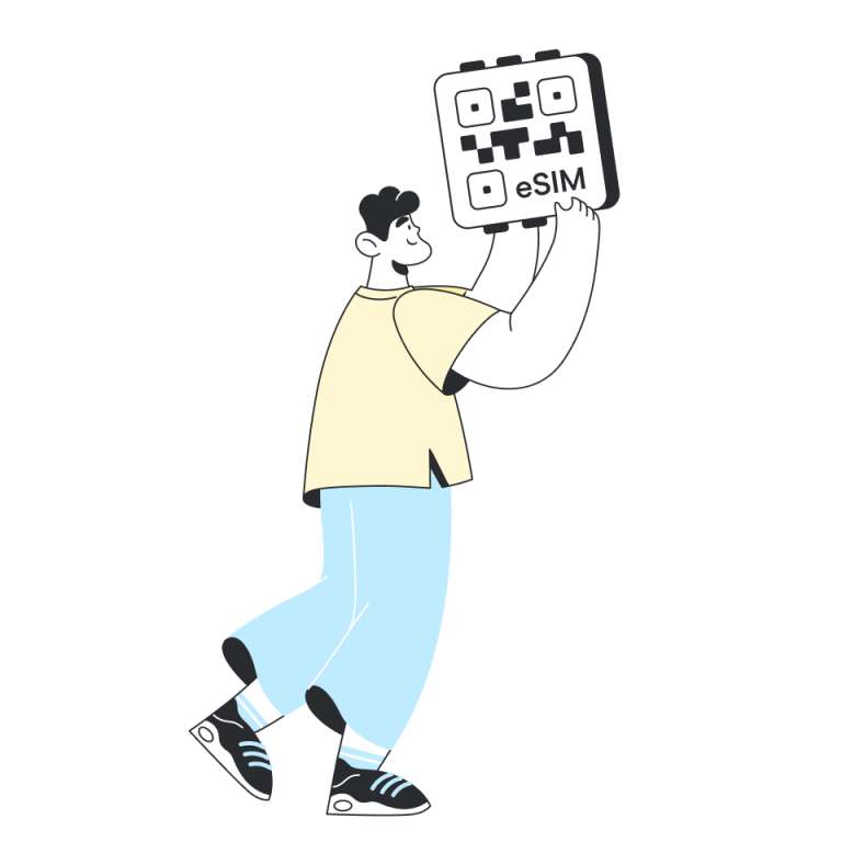 Eine Illustration, die einen Mann mit einer eSIM-Karte in der Hand zeigt.