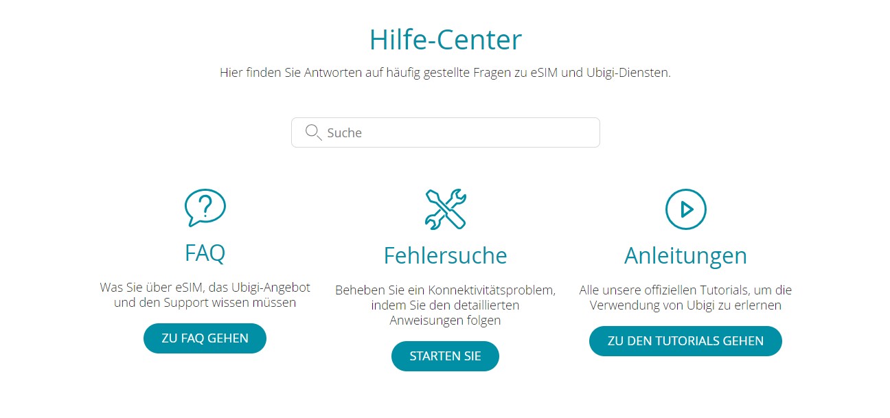 Ein Screenshot der Hilfe-Center-Seite der Ubigi-Website.