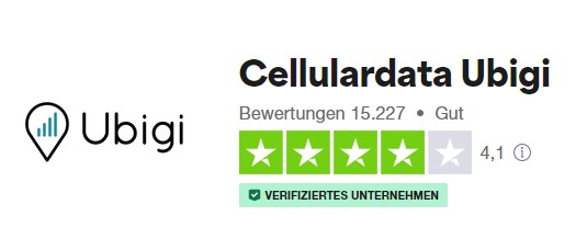 Das Logo von Ubigi und die von ihren Kunden vergebene Bewertung auf der TrustPilot-Website.