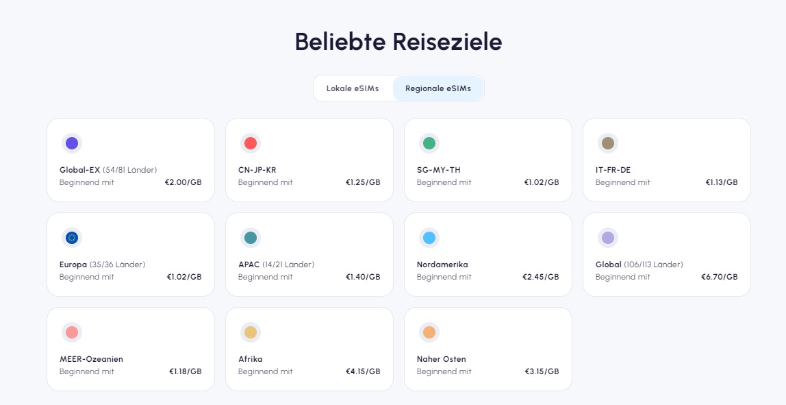 Ein Screenshot der Nomad-Website, der die verschiedenen regionalen eSIM-Karten zeigt, die der Anbieter anbietet.