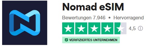 Das Nomad-Logo und die Sterne-Bewertung ihrer Kunden auf der TrustPilot-Website.