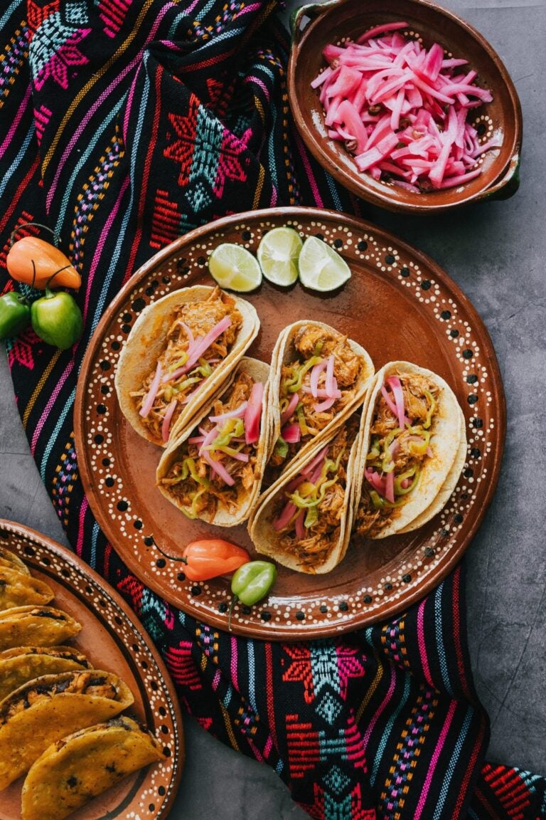 Teller mit mexikanischen Tacos mit Rindfleisch und an der Seite ein Teller mit Tacos mit Huhn