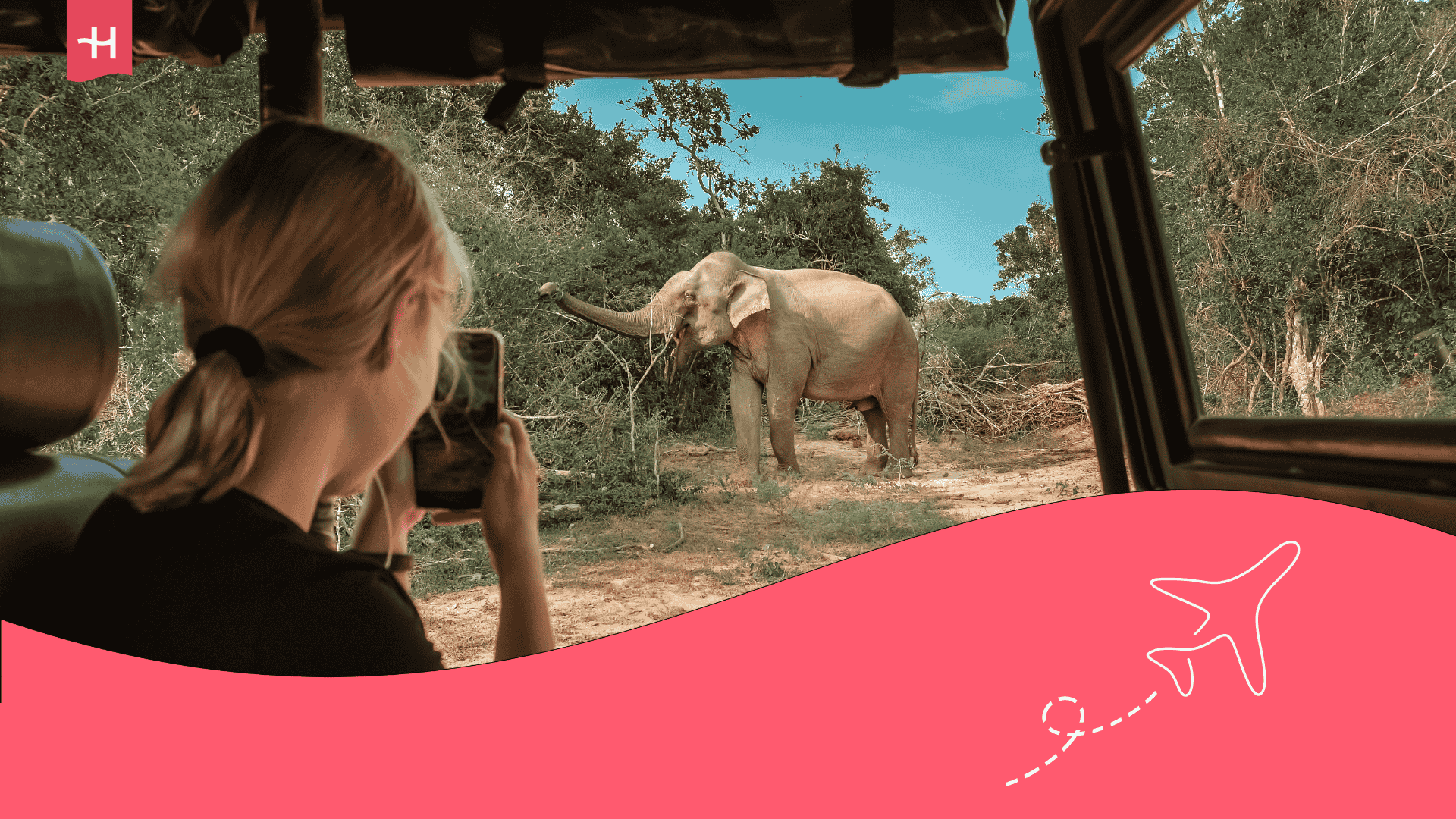 Eine Frau in einem Auto, die während einer Safari in Kenia einen Elefanten fotografiert