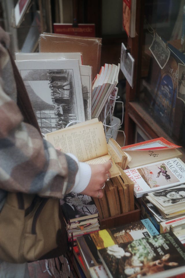 Une personne regarde des livres d'occasion au marché du livre d'Istanbul.
