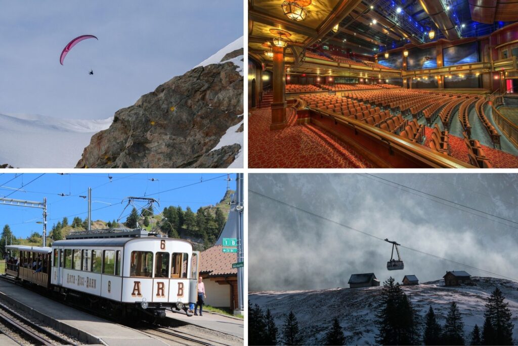 Freizeitaktivitäten in der Schweiz wie Paragliding, Theaterbesuche, Zugfahrten oder Seilbahnerlebnisse.