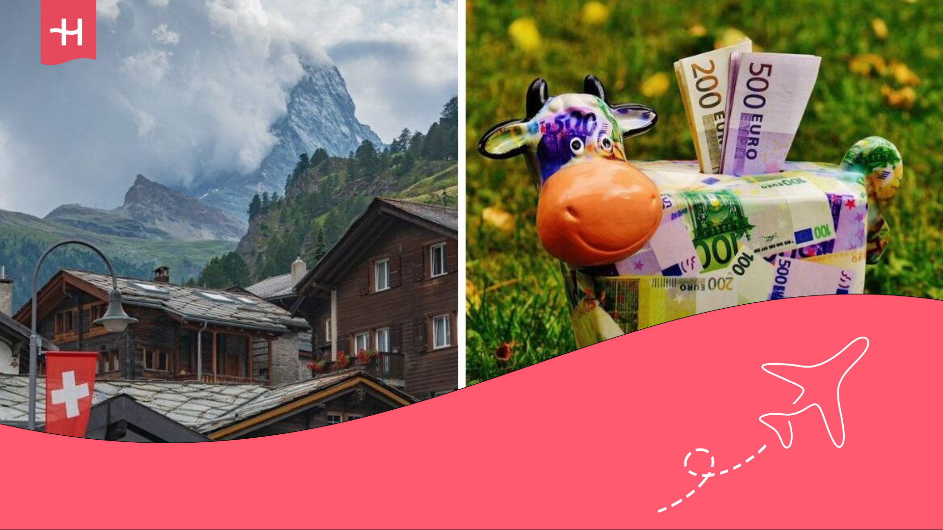 Eine Schweizer Landschaft mit Häusern und Bergen, daneben ein Sparschwein in Kuhform mit Euroscheinen.
