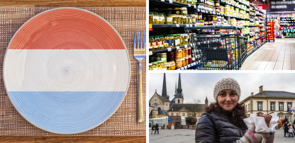 Teller mit Luxemburg-Flagge, Supermarkt in Luxemburg, Tourist probiert luxemburgische Spezialitäten