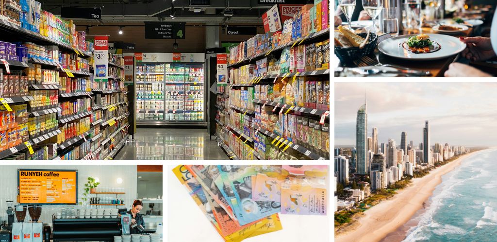 Lebenshaltungskosten in Australien: Australische Dollar; Luftaufnahme von: Surfers Paradise Beach, Queensland, Australien; Australischer Supermarkt