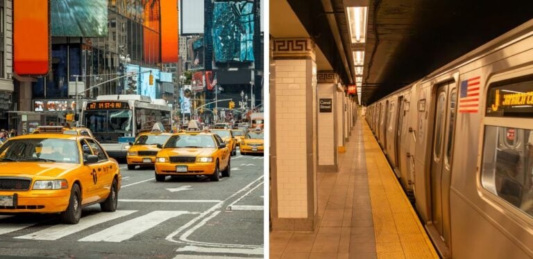 Metrostation in den Vereinigten Staaten und Taxis und Busse in New York.