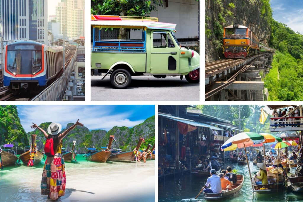 Typische Verkehrsmittel in Thailand: Zug, Tuk-Tuk, Boot auf schwimmendem Markt, Metro.